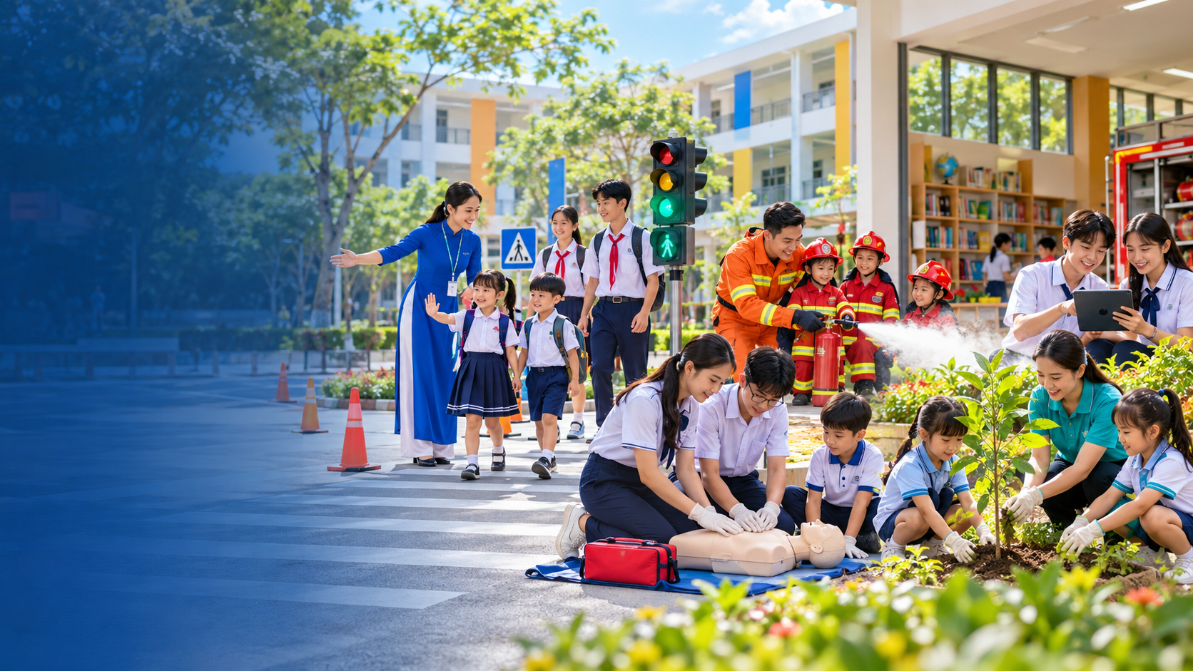 Học sinh Việt Nam thực hành kỹ năng an toàn giao thông, phòng cháy chữa cháy, sơ cứu và bảo vệ môi trường